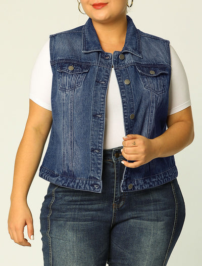 Women Plus Size Chest Pockets Single Breasted Denim Vest