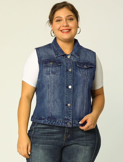 Women Plus Size Chest Pockets Single Breasted Denim Vest