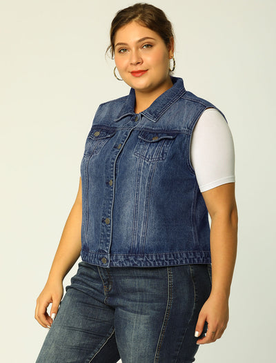 Women Plus Size Chest Pockets Single Breasted Denim Vest