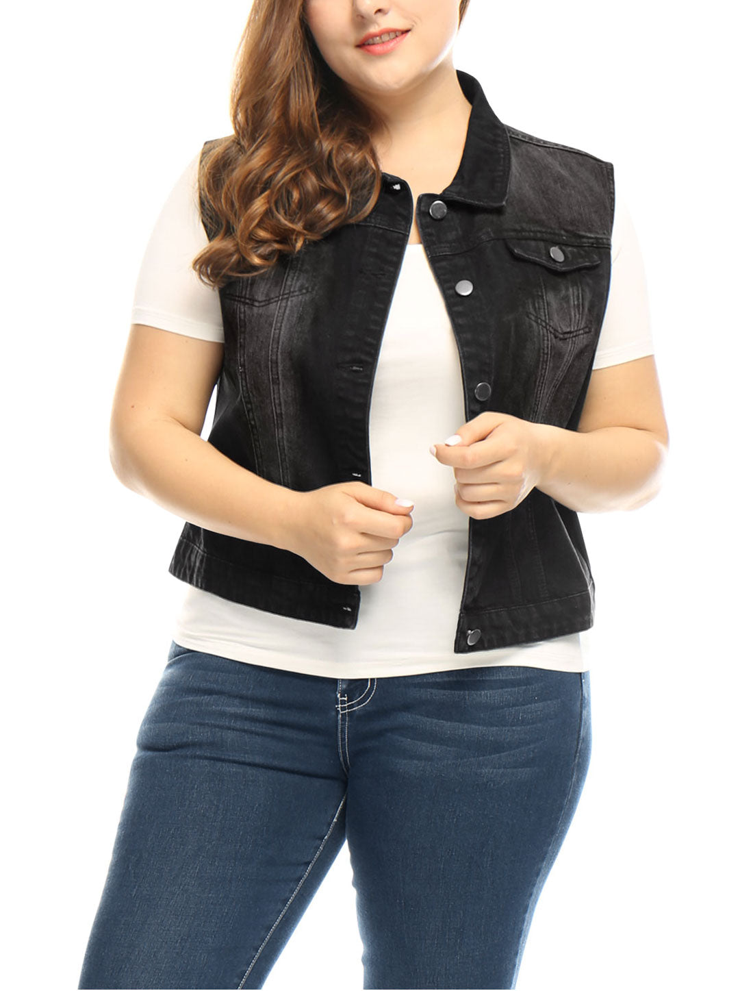 Bublédon Women Plus Size Chest Pockets Single Breasted Denim Vest