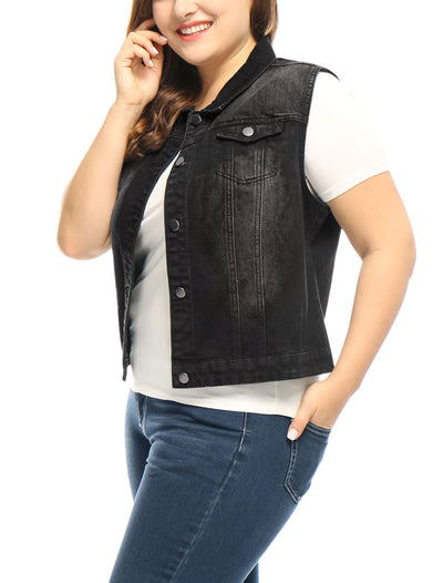 Women Plus Size Chest Pockets Single Breasted Denim Vest