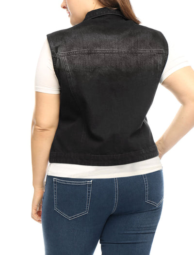 Women Plus Size Chest Pockets Single Breasted Denim Vest