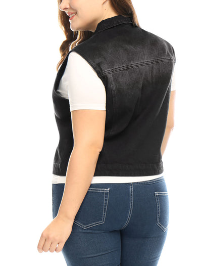 Women Plus Size Chest Pockets Single Breasted Denim Vest