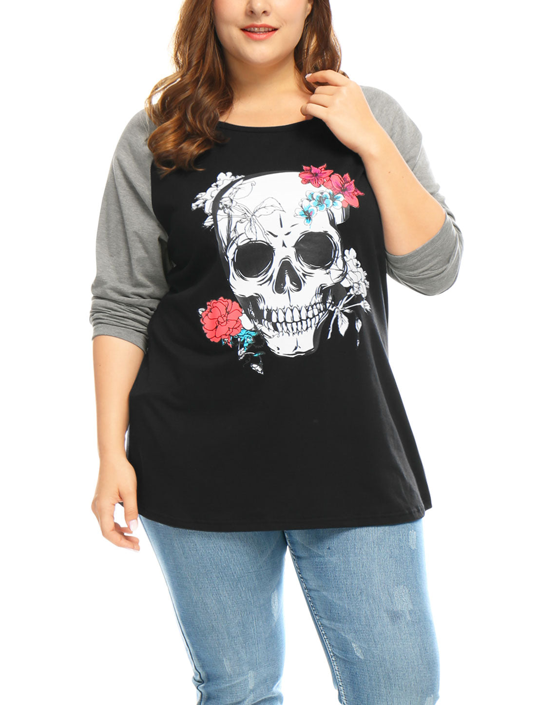 Bublédon Plus Size Tops Floral Skull Colorblock Raglan Long Sleeve Shirt