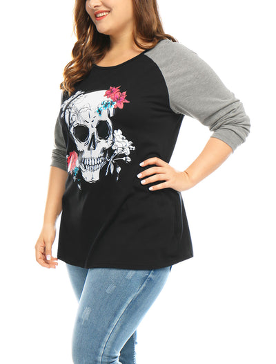 Plus Size Tops Floral Skull Colorblock Raglan Long Sleeve Shirt