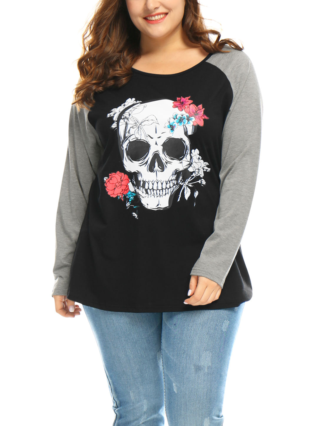 Bublédon Plus Size Tops Floral Skull Colorblock Raglan Long Sleeve Shirt