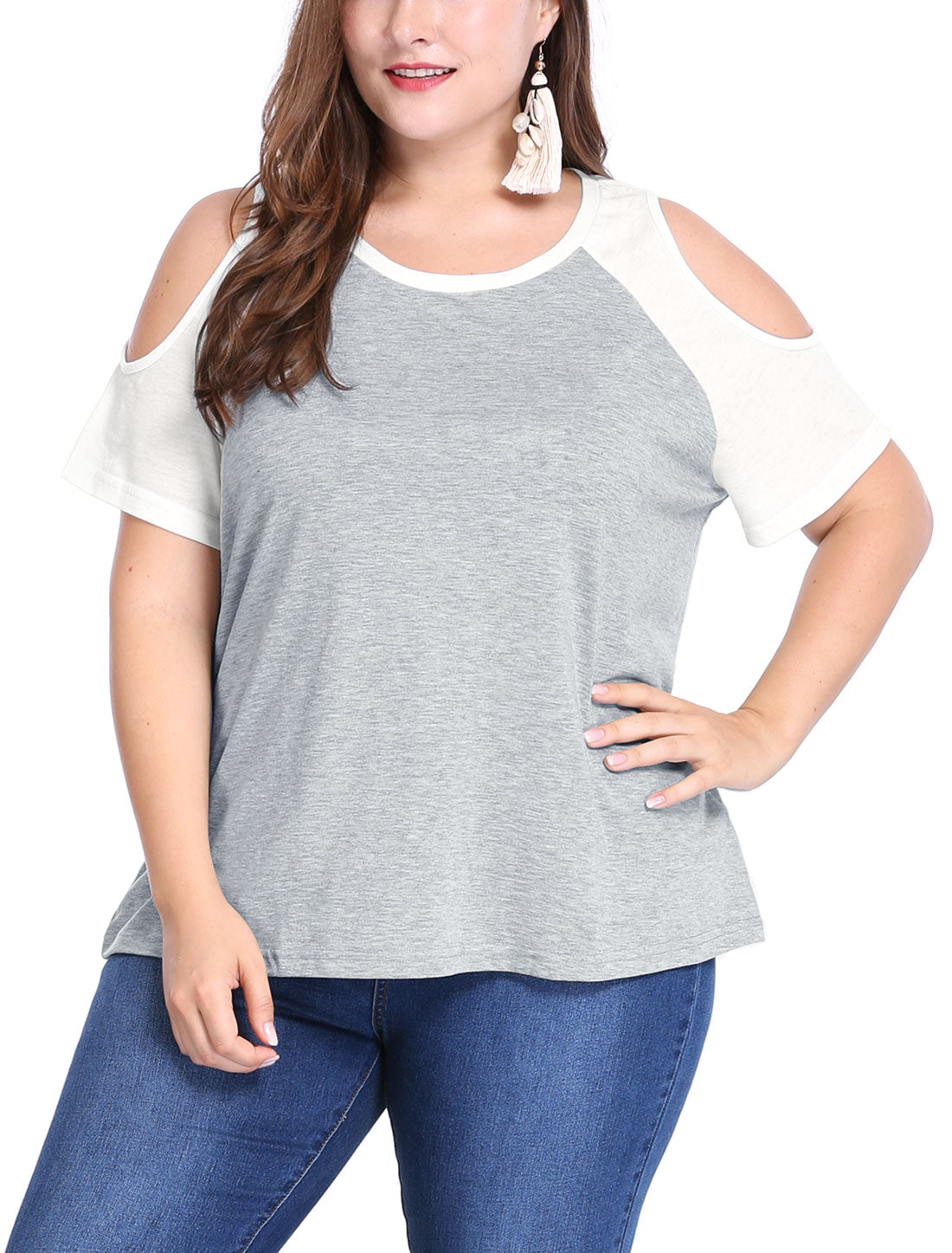 Bublédon Women Plus Size Contrast Raglan Sleeves Cold Shoulder Tee