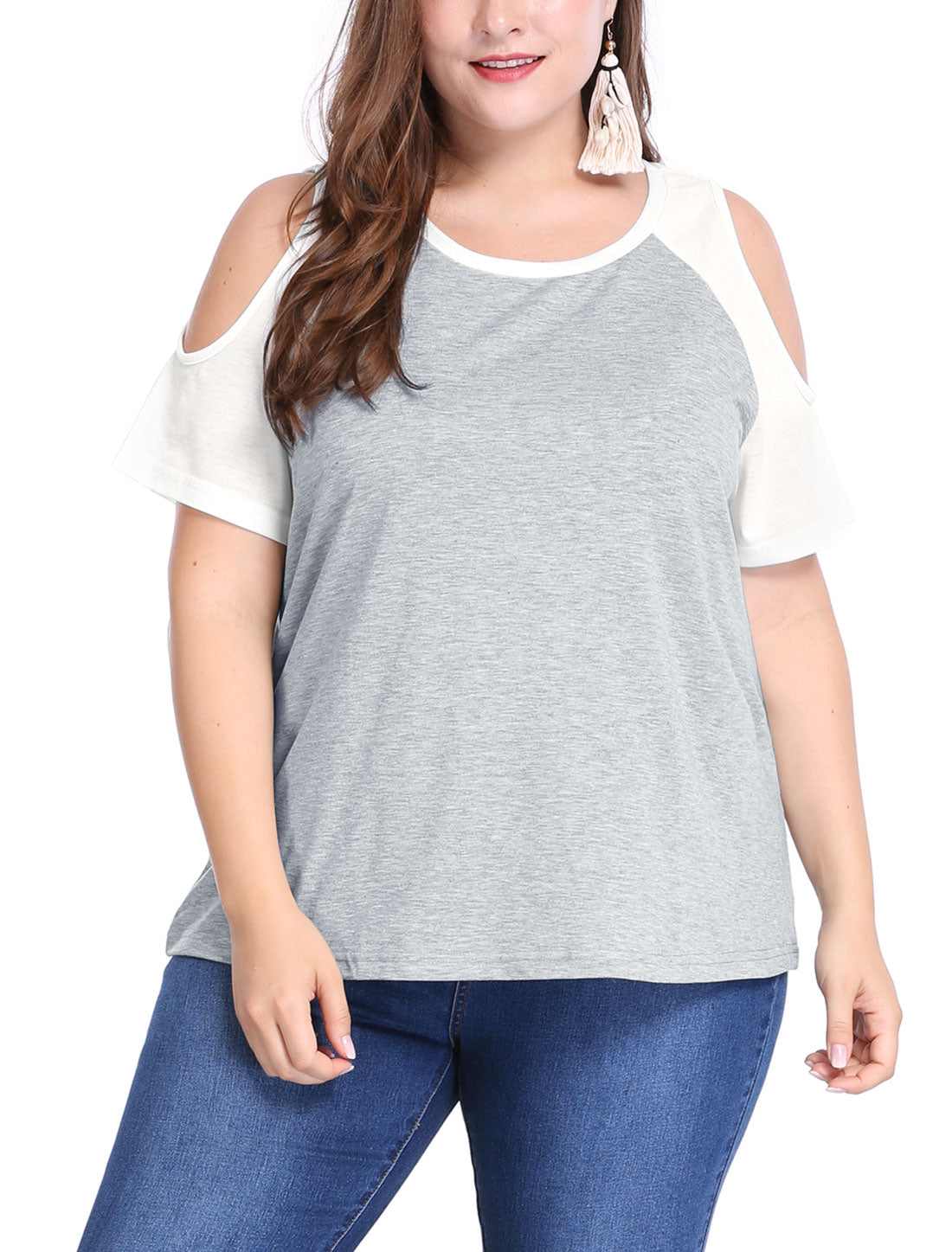 Bublédon Women Plus Size Contrast Raglan Sleeves Cold Shoulder Tee