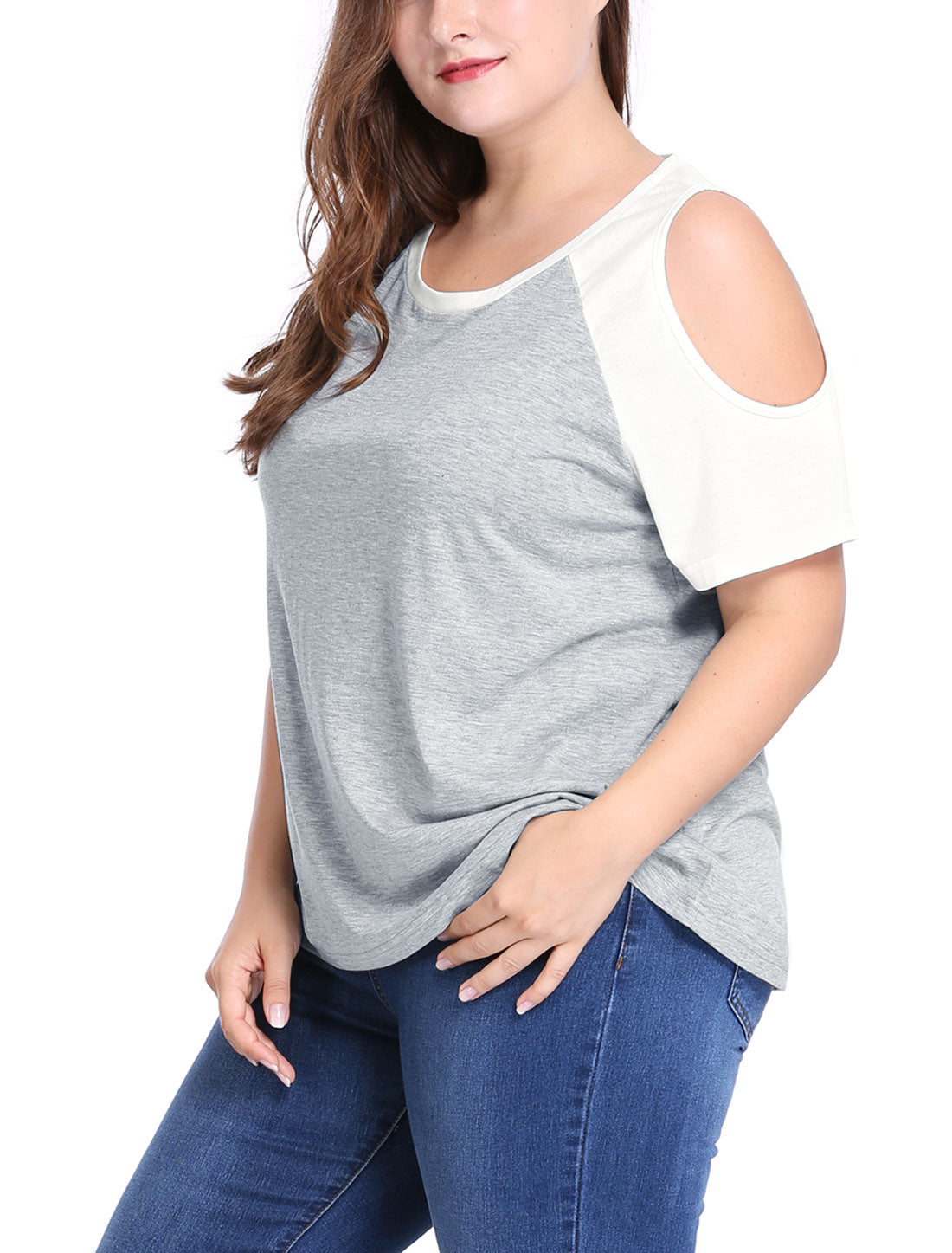 Bublédon Women Plus Size Contrast Raglan Sleeves Cold Shoulder Tee