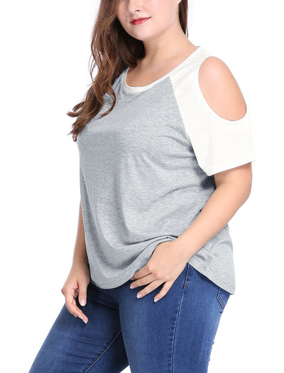 Women Plus Size Contrast Raglan Sleeves Cold Shoulder Tee