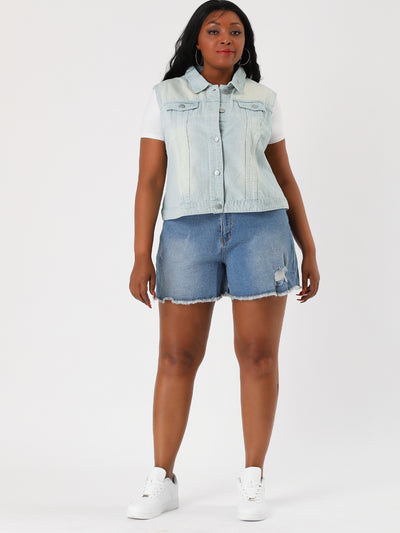 Women Plus Size Chest Pockets Single Breasted Denim Vest