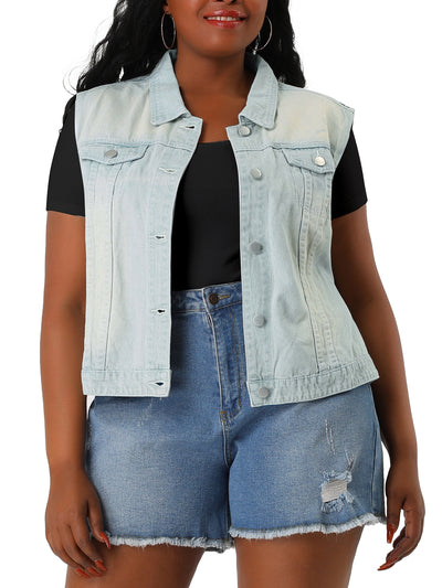 Women Plus Size Chest Pockets Single Breasted Denim Vest