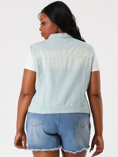 Women Plus Size Chest Pockets Single Breasted Denim Vest