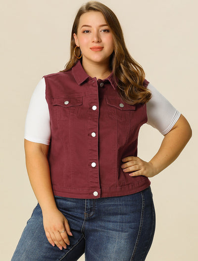 Women Plus Size Chest Pockets Single Breasted Denim Vest