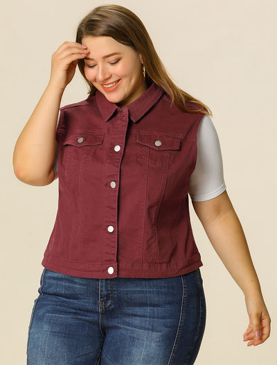 Women Plus Size Chest Pockets Single Breasted Denim Vest