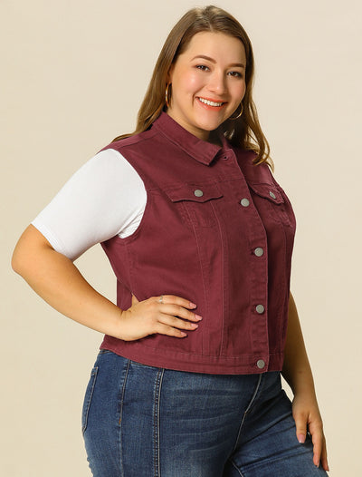 Women Plus Size Chest Pockets Single Breasted Denim Vest