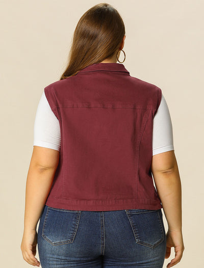 Women Plus Size Chest Pockets Single Breasted Denim Vest