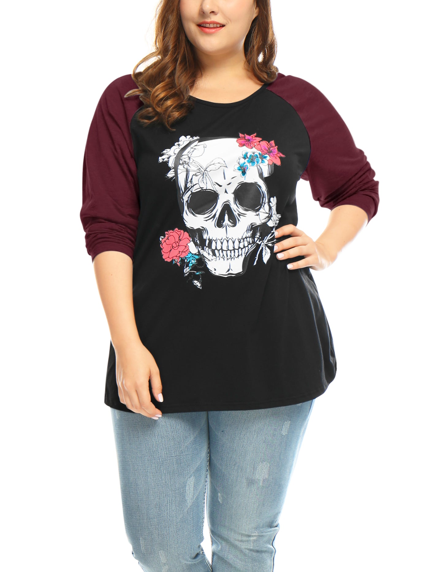 Bublédon Plus Size Tops Floral Skull Colorblock Raglan Long Sleeve Shirt