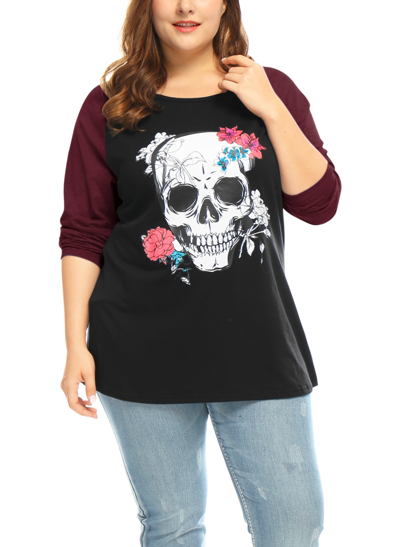 Bublédon Plus Size Tops Floral Skull Colorblock Raglan Long Sleeve Shirt