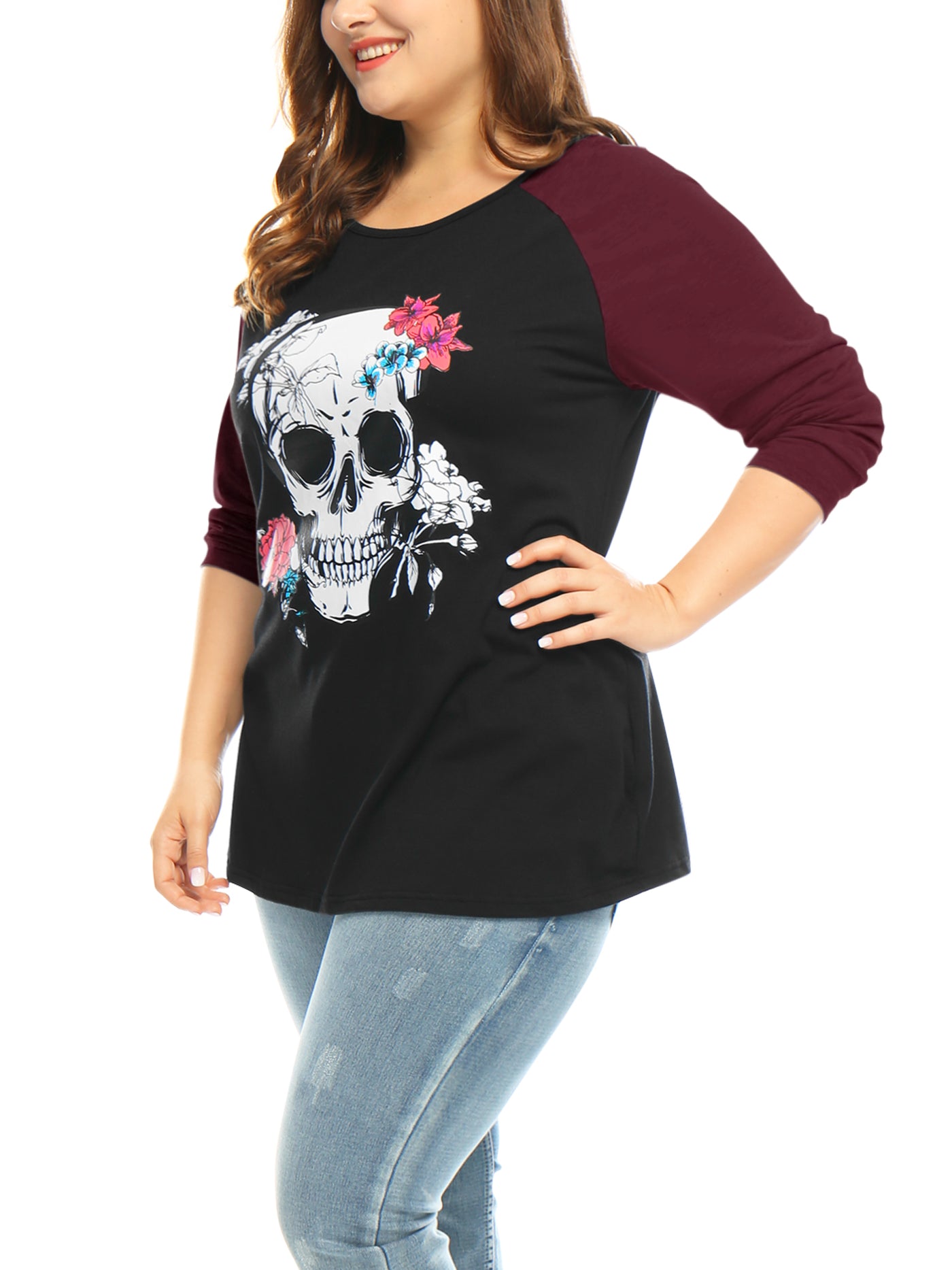 Bublédon Plus Size Tops Floral Skull Colorblock Raglan Long Sleeve Shirt