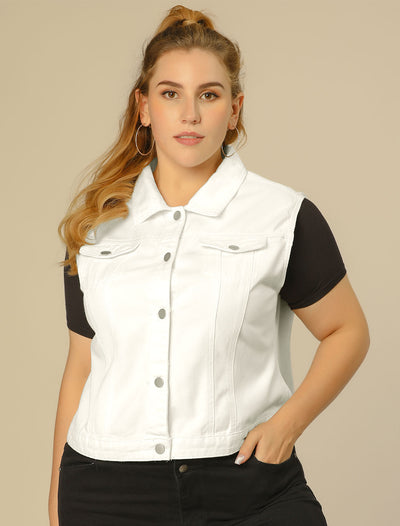 Women Plus Size Chest Pockets Single Breasted Denim Vest