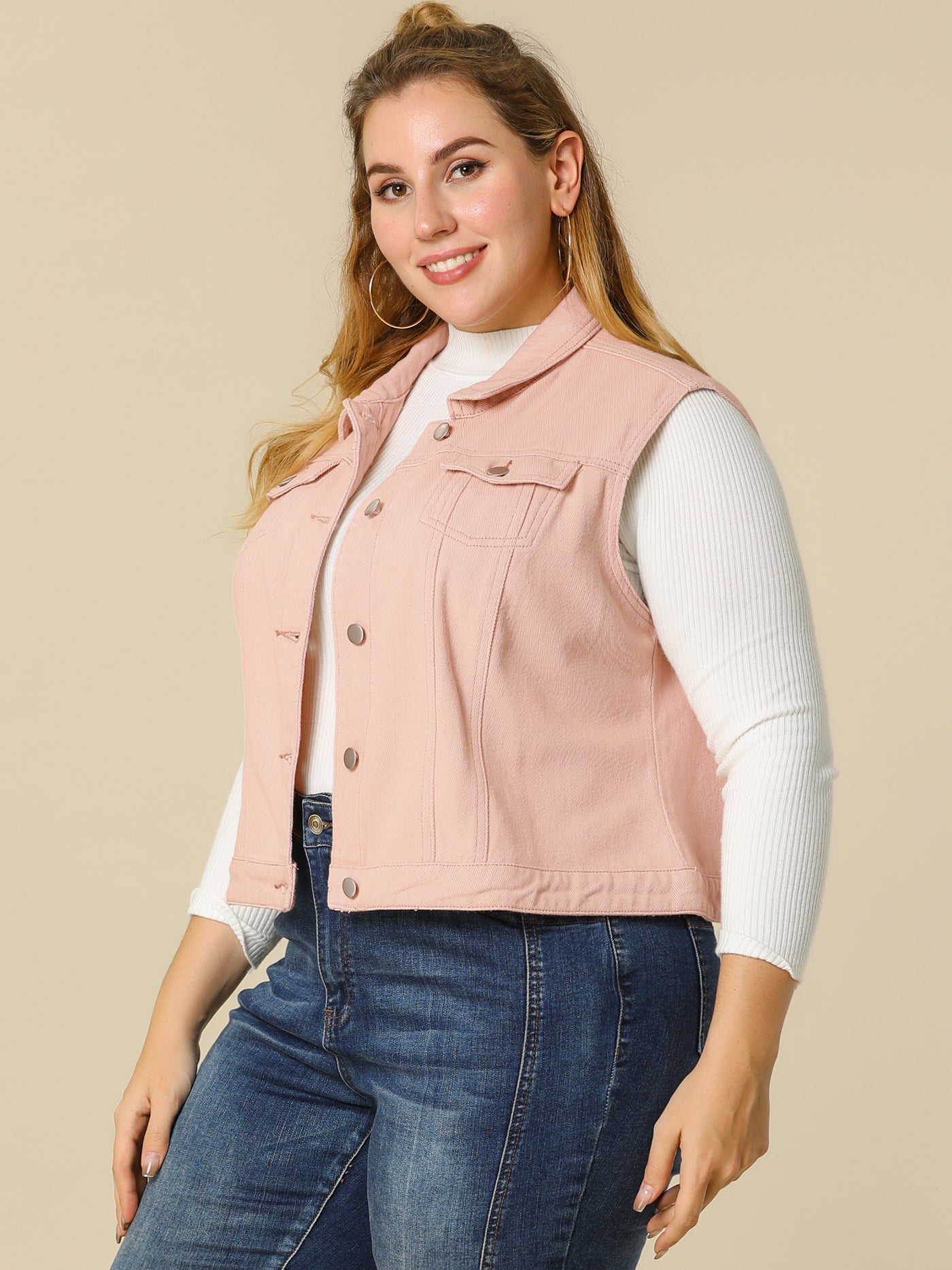 Bublédon Women Plus Size Chest Pockets Single Breasted Denim Vest