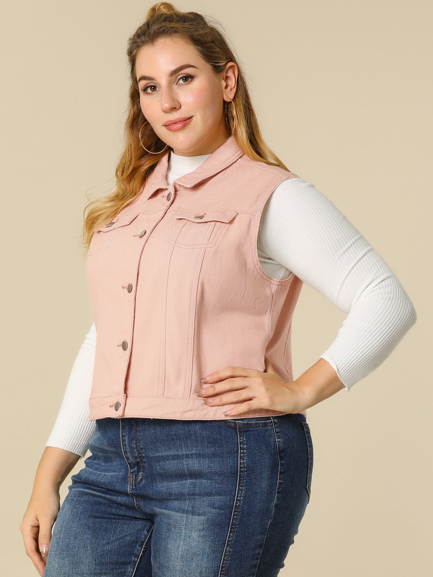 Bublédon Women Plus Size Chest Pockets Single Breasted Denim Vest