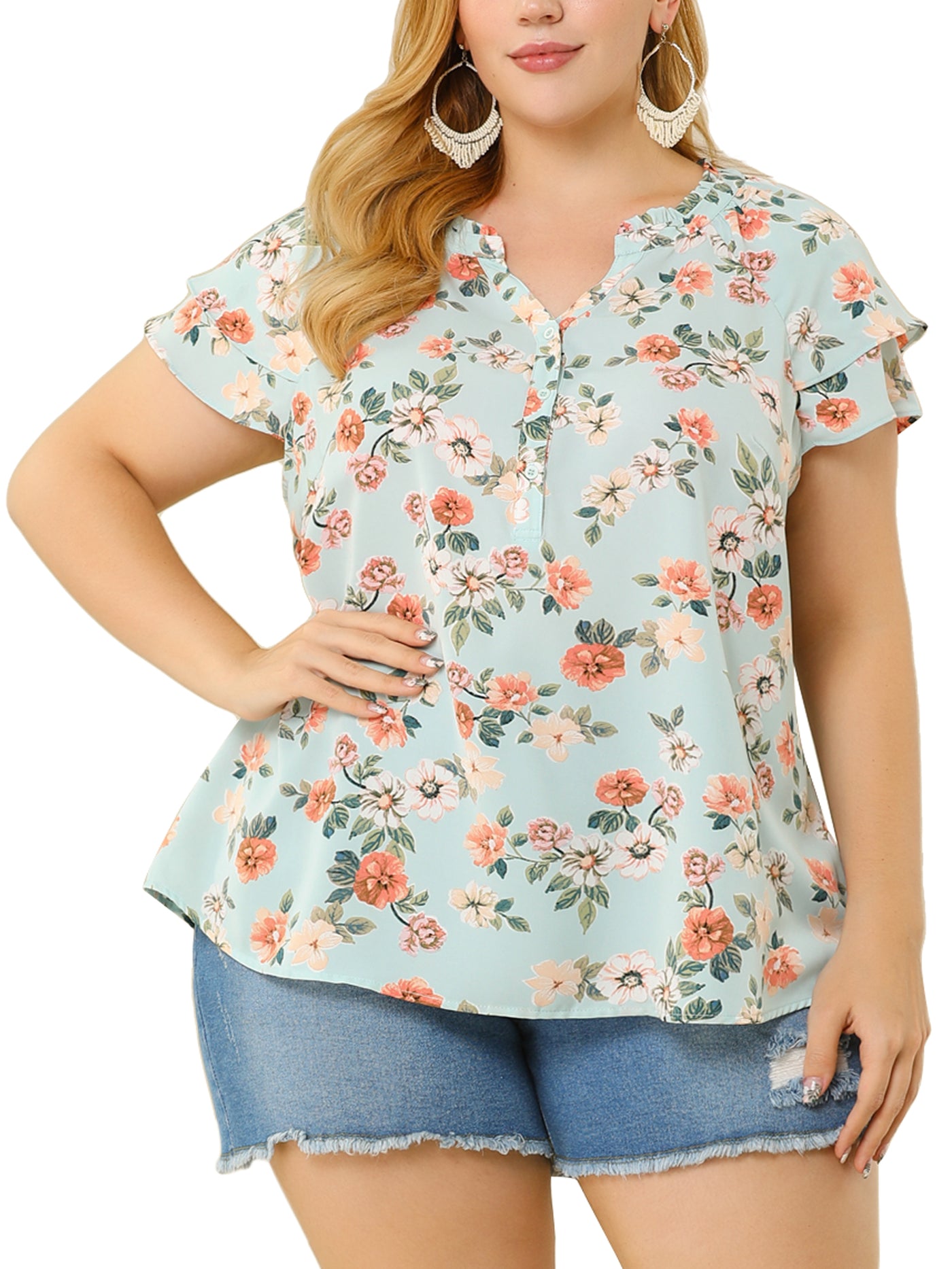 Bublédon Plus Size Floral Printed Ruffle Trim V Neck Layered Blouse