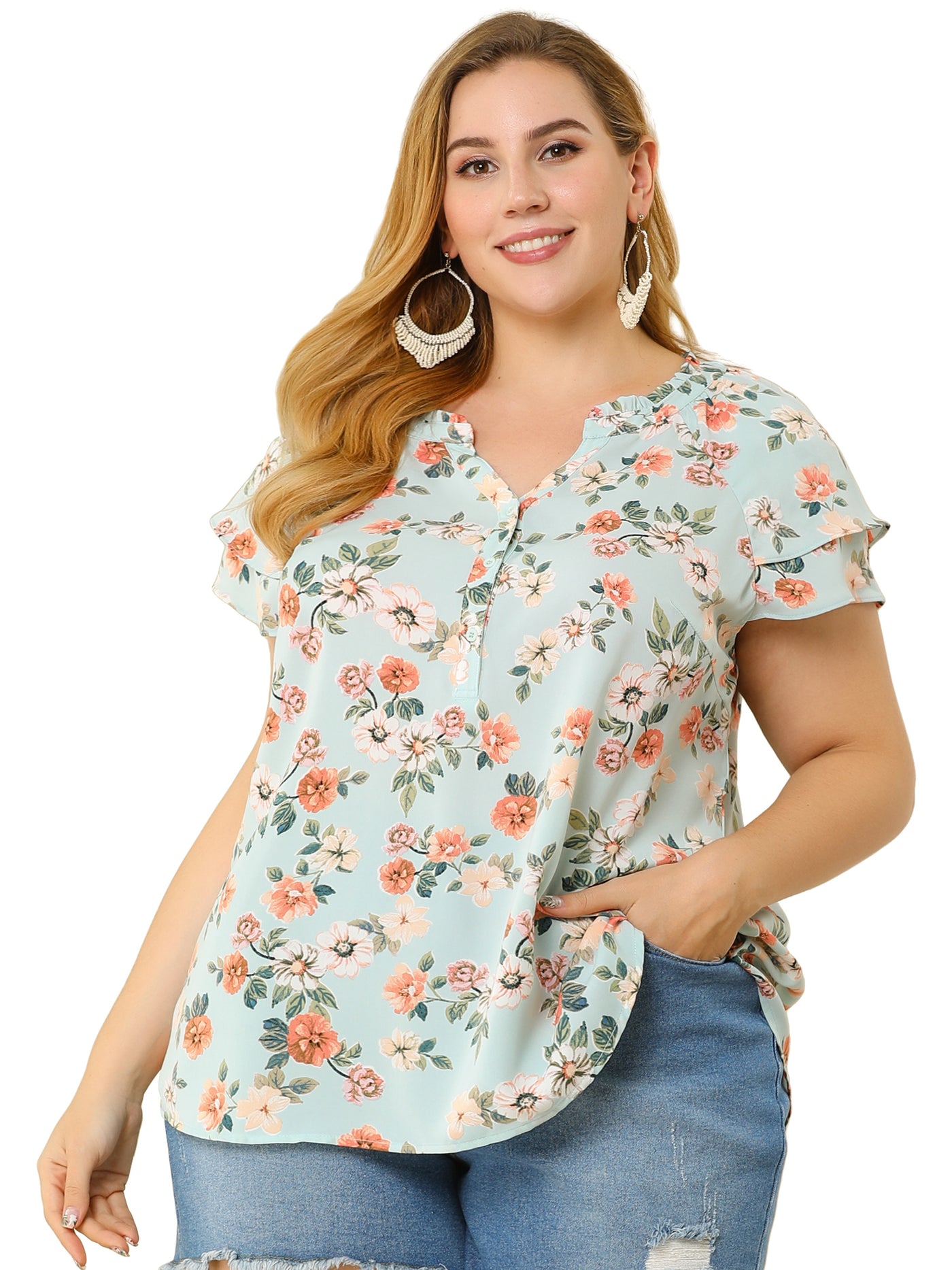 Bublédon Plus Size Floral Printed Ruffle Trim V Neck Layered Blouse