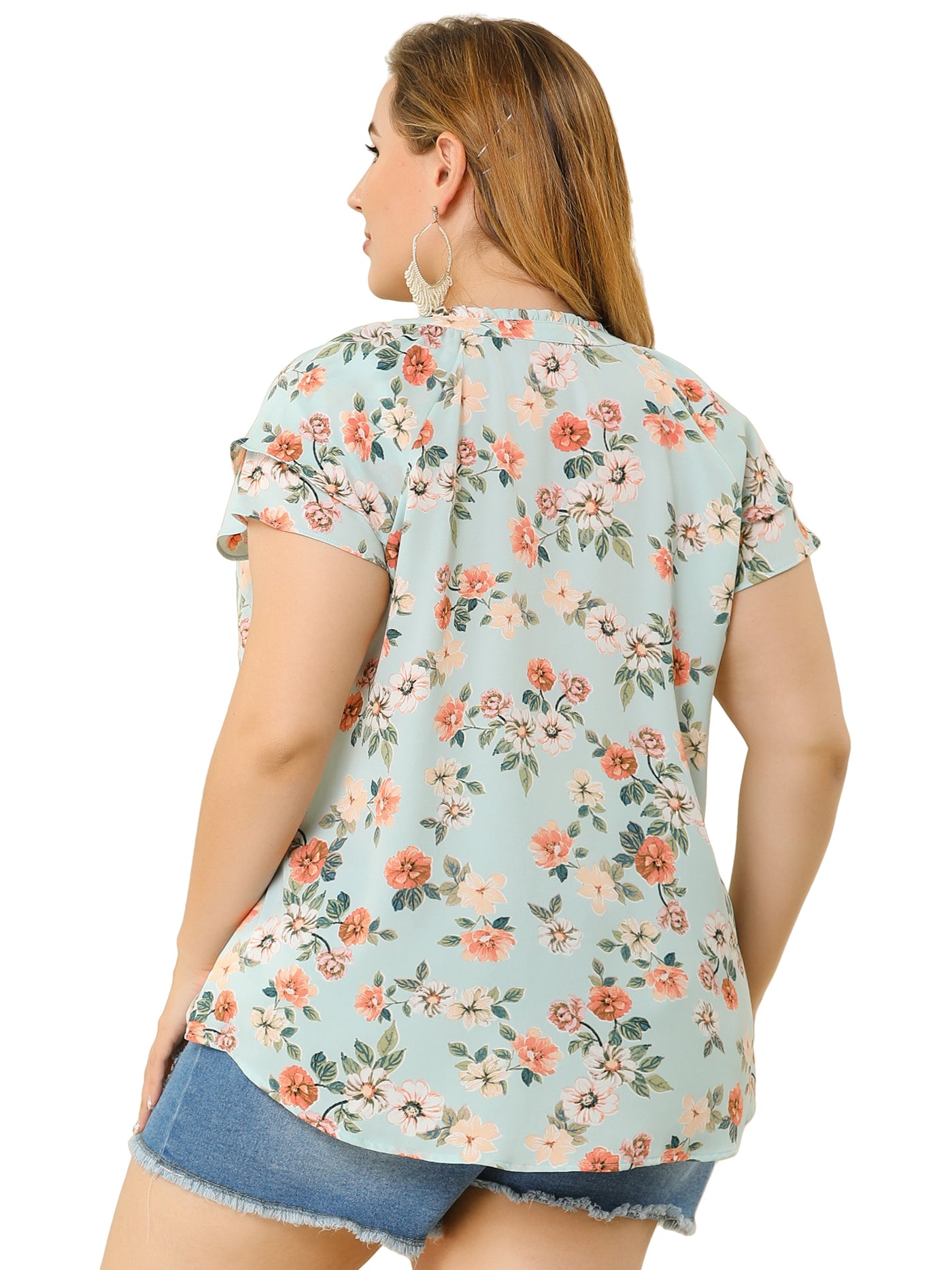 Bublédon Plus Size Floral Printed Ruffle Trim V Neck Layered Blouse