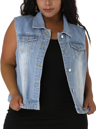 Women Plus Size Chest Pockets Single Breasted Denim Vest