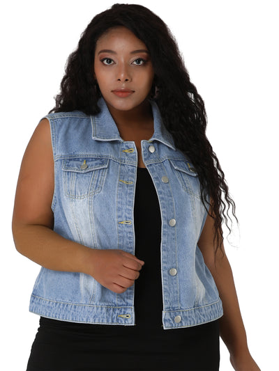 Women Plus Size Chest Pockets Single Breasted Denim Vest