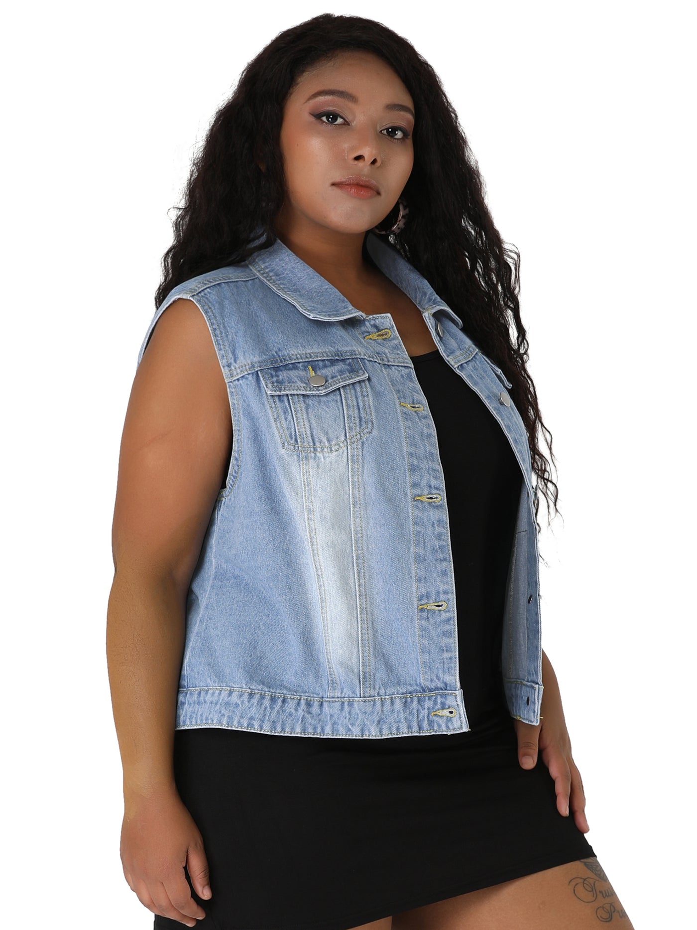 Bublédon Women Plus Size Chest Pockets Single Breasted Denim Vest