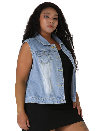 Women Plus Size Chest Pockets Single Breasted Denim Vest