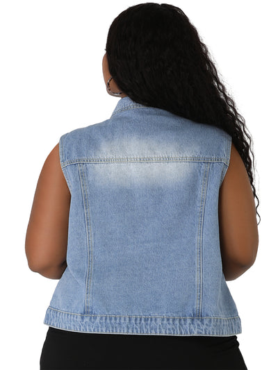 Women Plus Size Chest Pockets Single Breasted Denim Vest