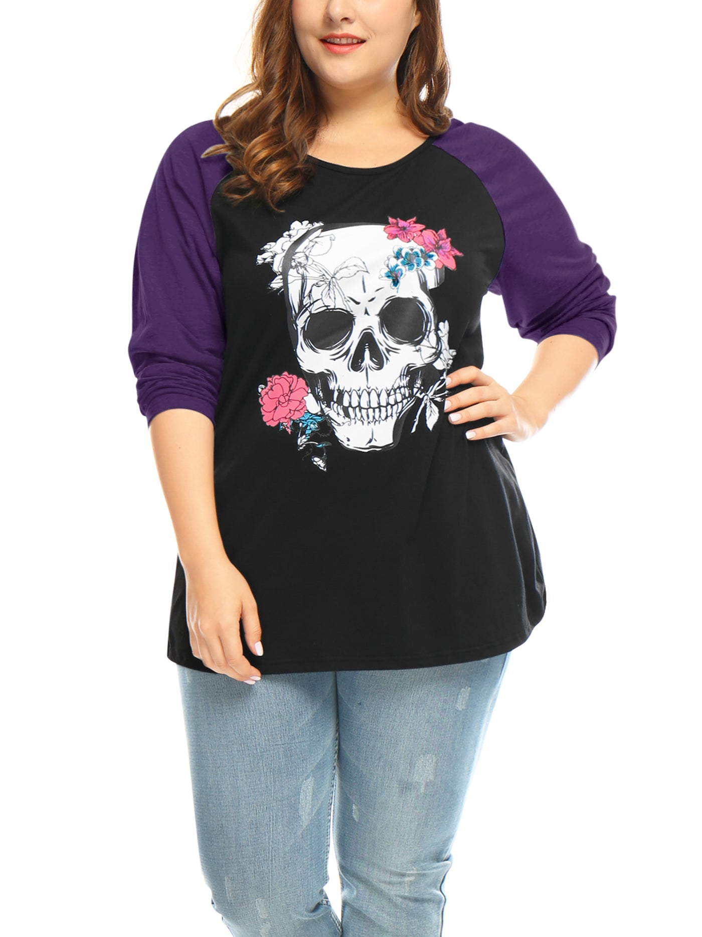 Bublédon Plus Size Tops Floral Skull Colorblock Raglan Long Sleeve Shirt