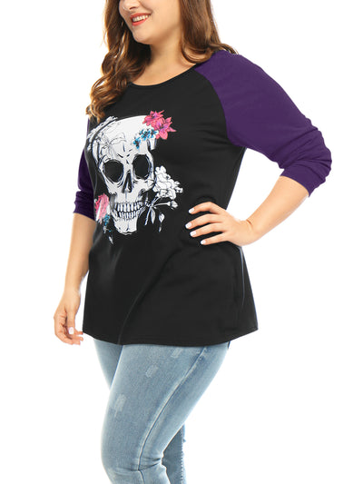 Bublédon Plus Size Tops Floral Skull Colorblock Raglan Long Sleeve Shirt