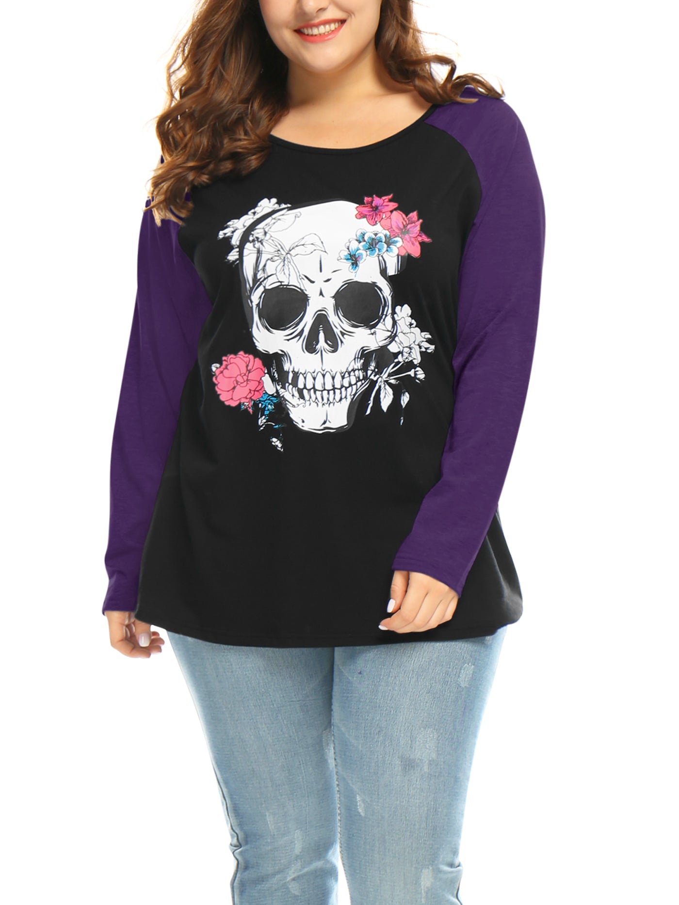 Bublédon Plus Size Tops Floral Skull Colorblock Raglan Long Sleeve Shirt