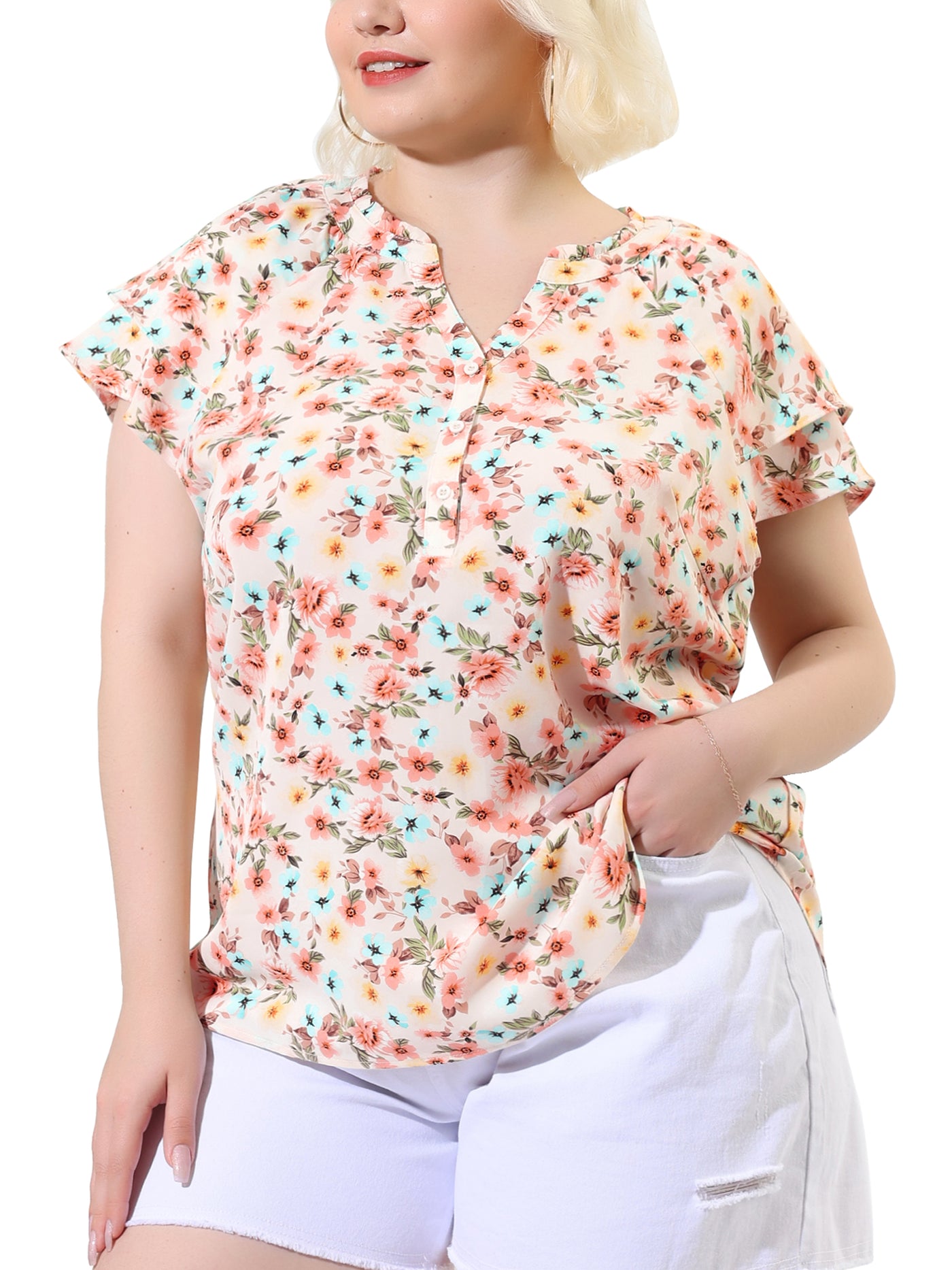 Bublédon Plus Size Floral Printed Ruffle Trim V Neck Layered Blouse