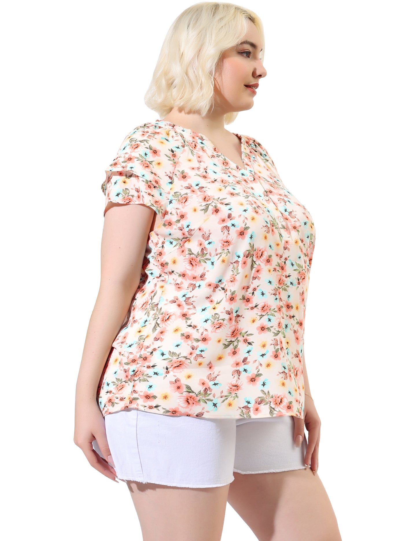 Bublédon Plus Size Floral Printed Ruffle Trim V Neck Layered Blouse