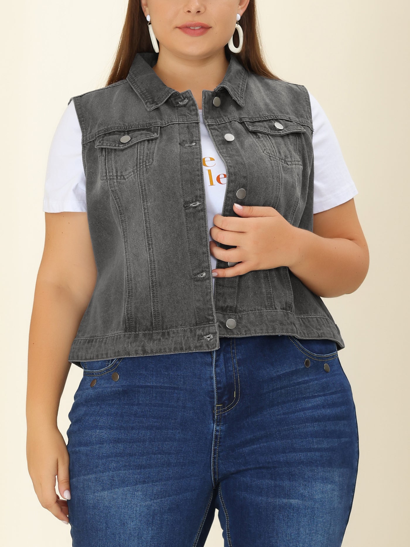 Bublédon Women Plus Size Chest Pockets Single Breasted Denim Vest