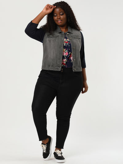 Women Plus Size Chest Pockets Single Breasted Denim Vest