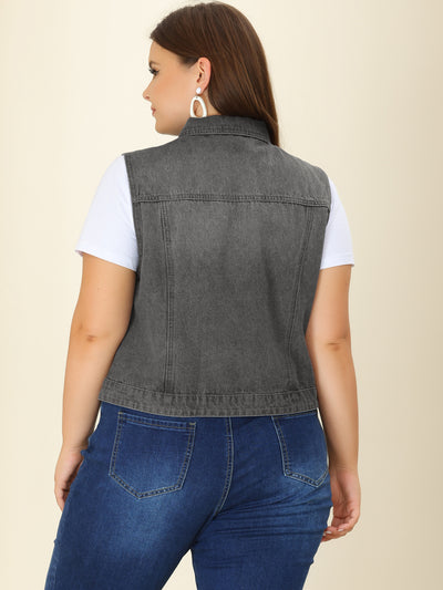 Women Plus Size Chest Pockets Single Breasted Denim Vest