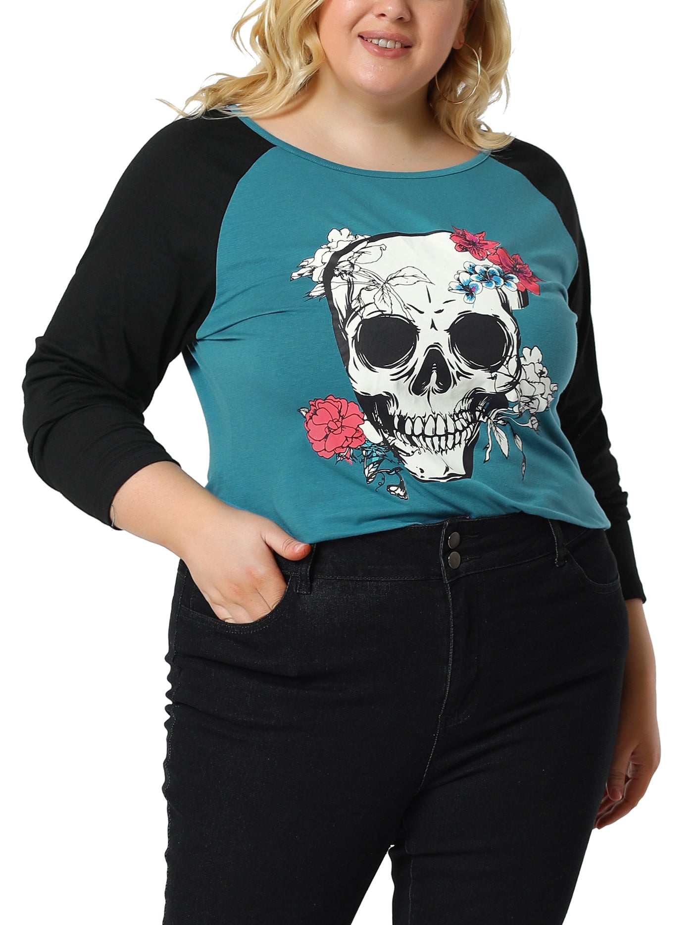 Bublédon Plus Size Tops Floral Skull Colorblock Raglan Long Sleeve Shirt