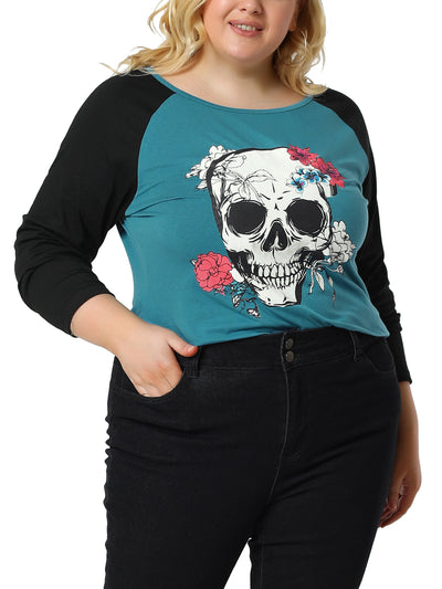 Plus Size Tops Floral Skull Colorblock Raglan Long Sleeve Shirt