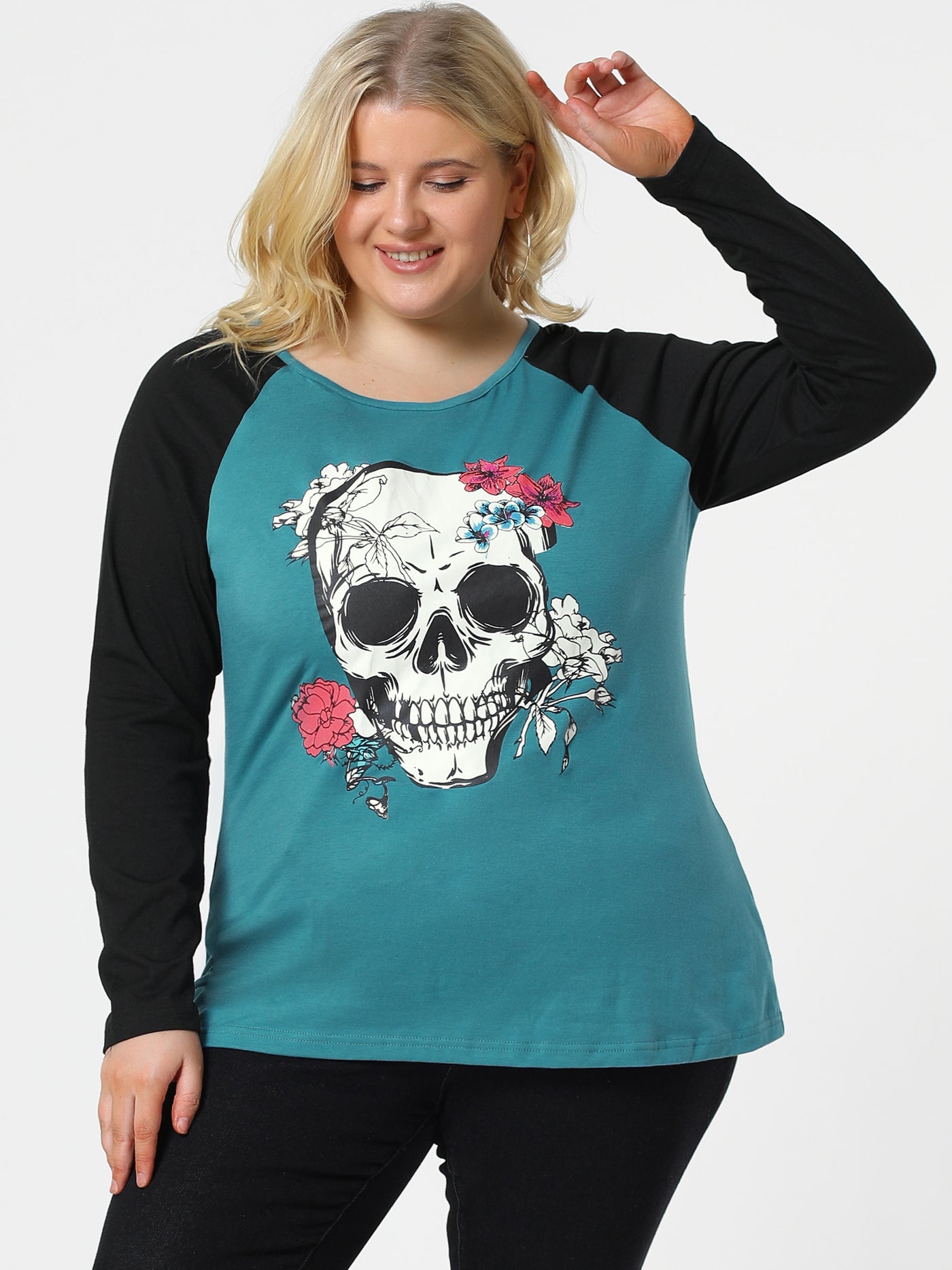 Bublédon Plus Size Tops Floral Skull Colorblock Raglan Long Sleeve Shirt