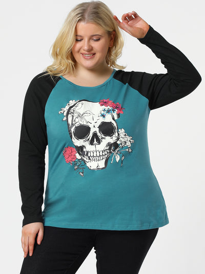 Plus Size Tops Floral Skull Colorblock Raglan Long Sleeve Shirt