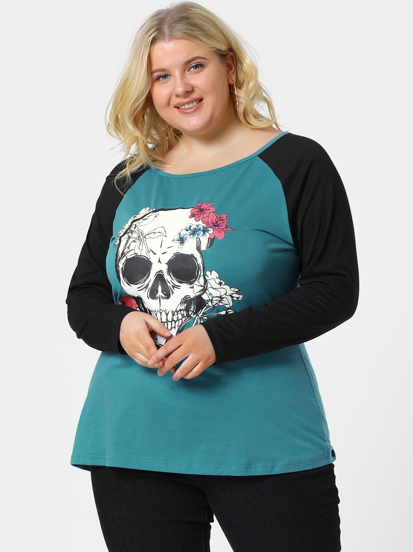 Bublédon Plus Size Tops Floral Skull Colorblock Raglan Long Sleeve Shirt