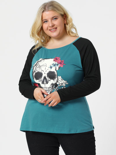 Plus Size Tops Floral Skull Colorblock Raglan Long Sleeve Shirt