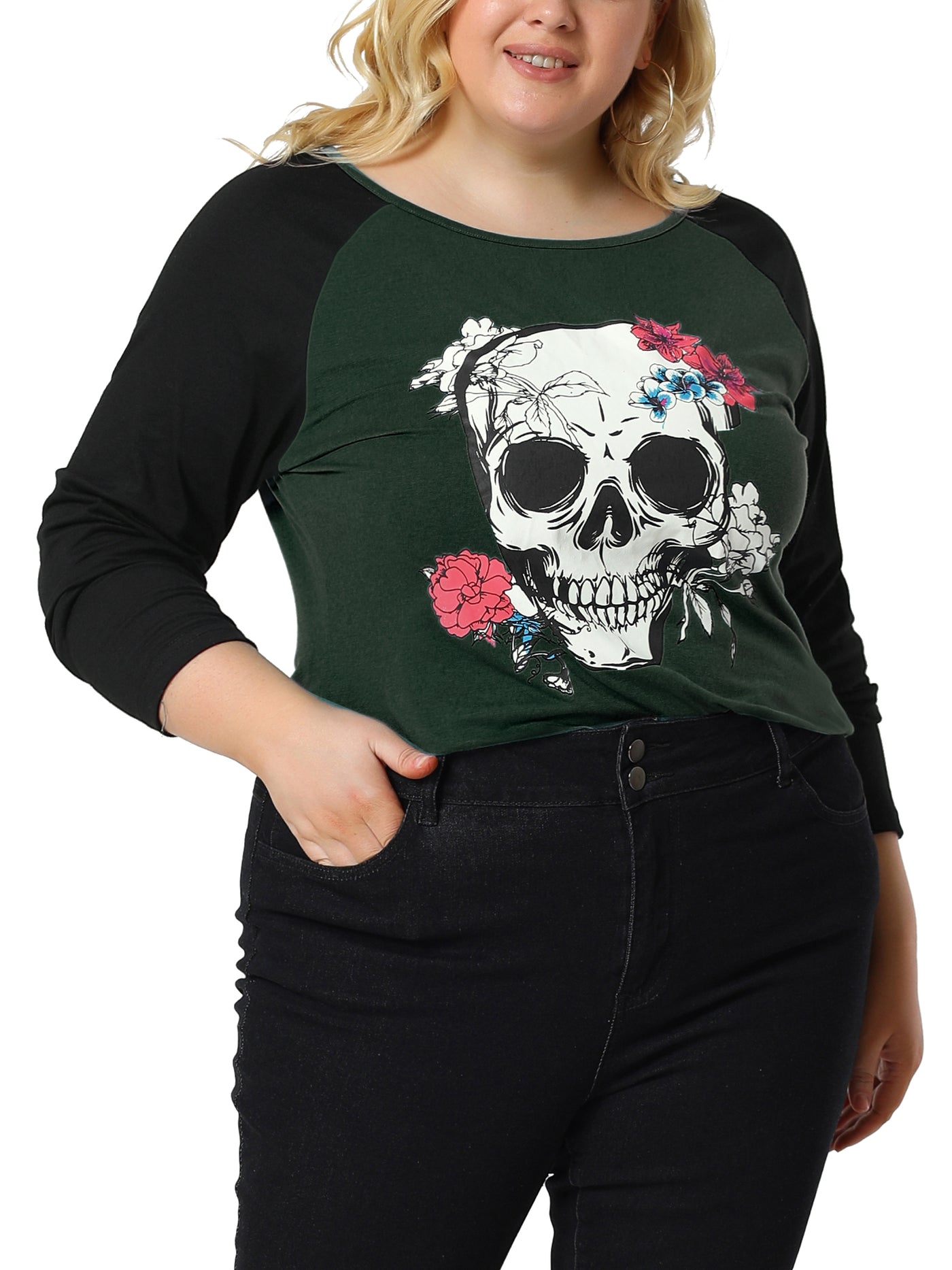 Bublédon Plus Size Tops Floral Skull Colorblock Raglan Long Sleeve Shirt